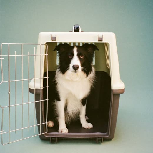 Dog sitting in an open travel crate